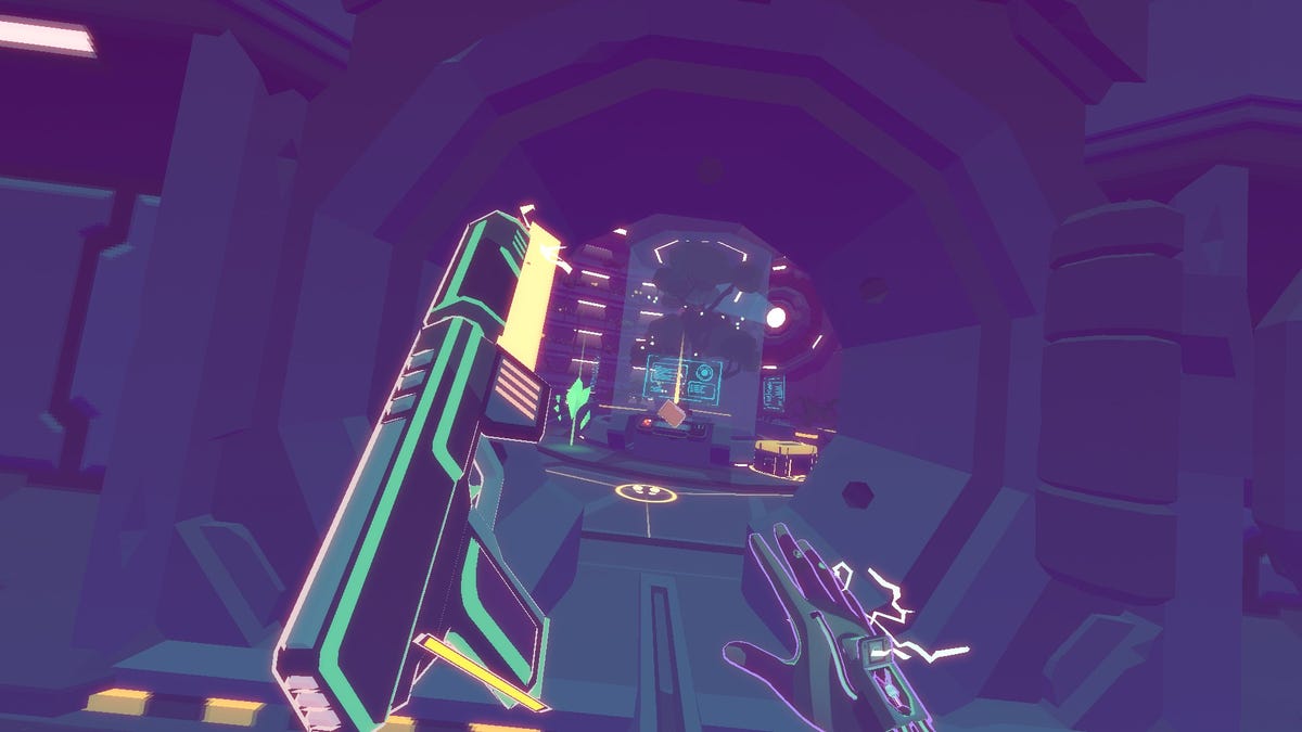 A cartoon-like screen of a gun being held in a tunnel in a VR game