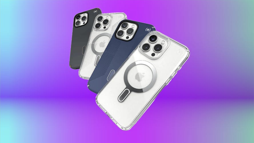 The Presidio Perfect-Clear and Presidio2 Pro cases with ClickLock technology on a purple and green gradient background.