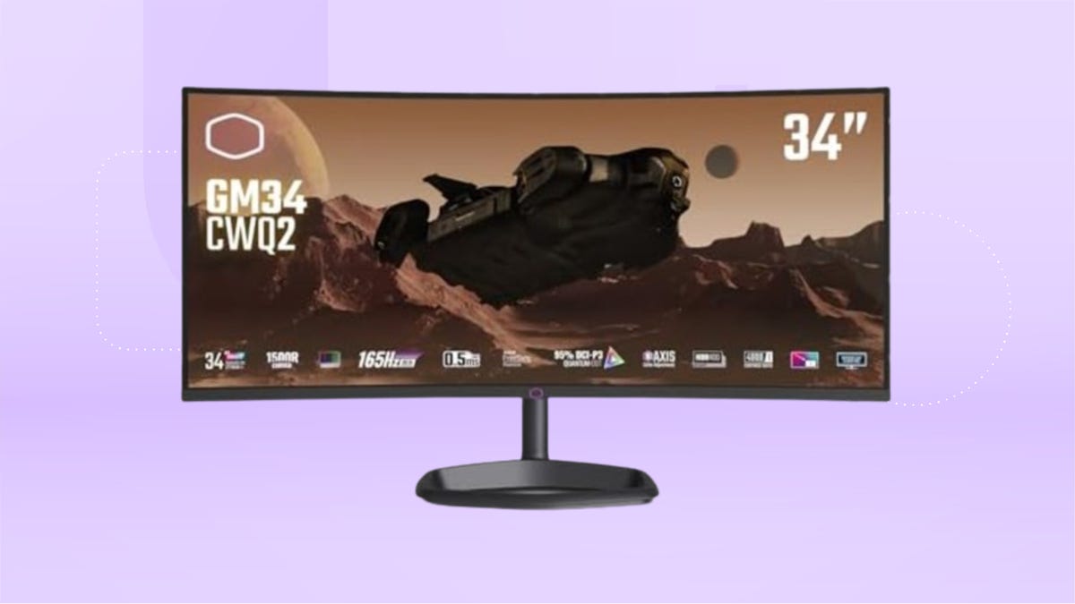 curved gaming monitor with black base against a lavender background