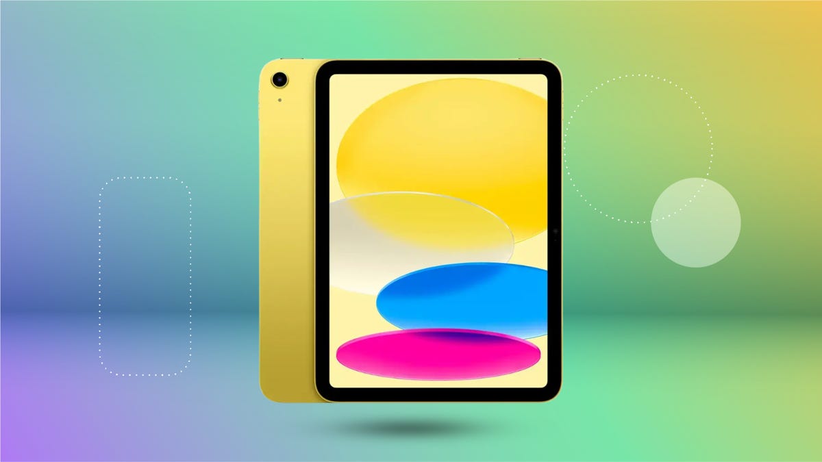 The A16 iPad in yellow is displayed against a gradient purple, green and yellow background.