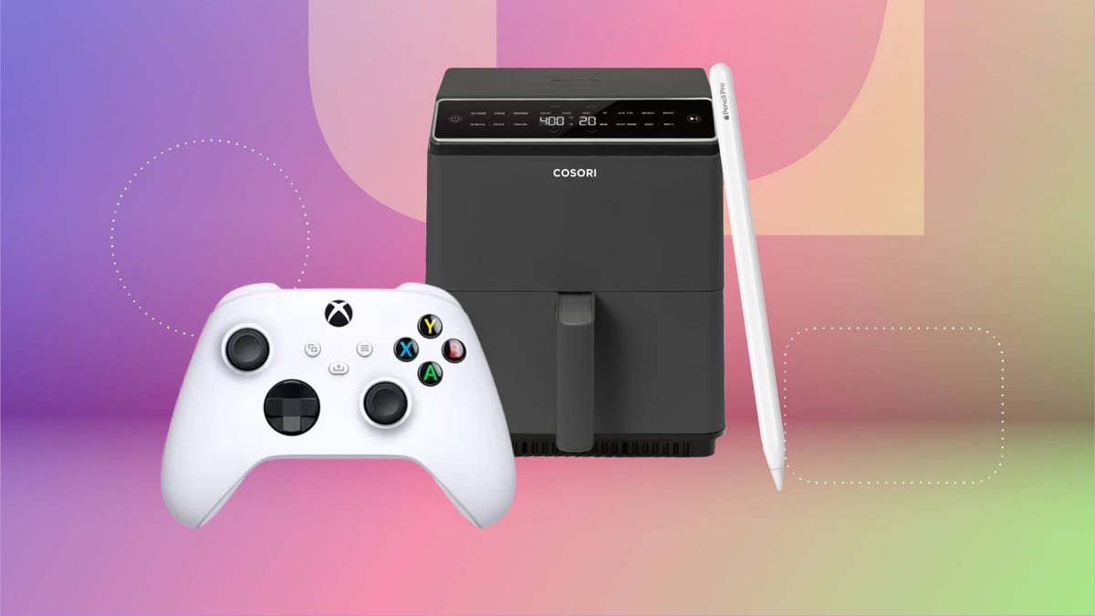 A white Xbox controller, gray air fryer and white stylus against a purple, pink and green gradient CNET background.
