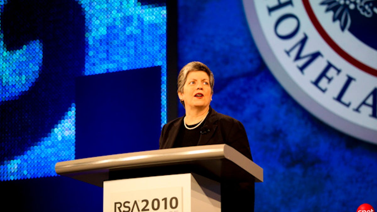 Homeland Security Secretary Janet Napolitano, shown here at the 2010 RSA conference, would have the power to "establish and enforce" cybersecurity requirements for the private sector.