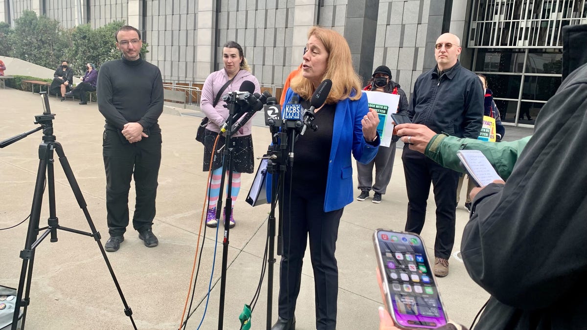 Shannon Liss-Riordan, a labor lawyer who is representing ex-Twitter employees, speaks at a press conference with the workers in San Francisco.