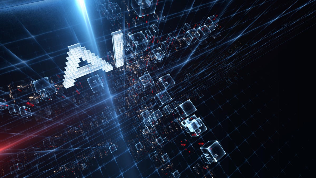 A 3D rendering of AI in cyberspace.