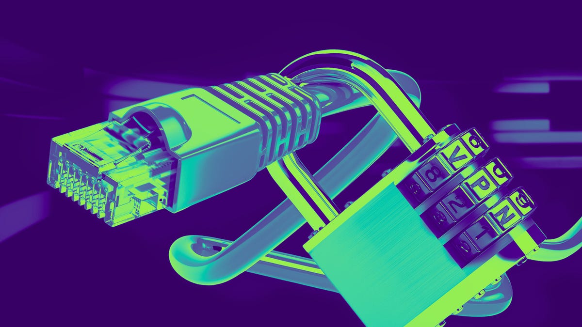 Network cable intertwined with a padlock combination "VPN"