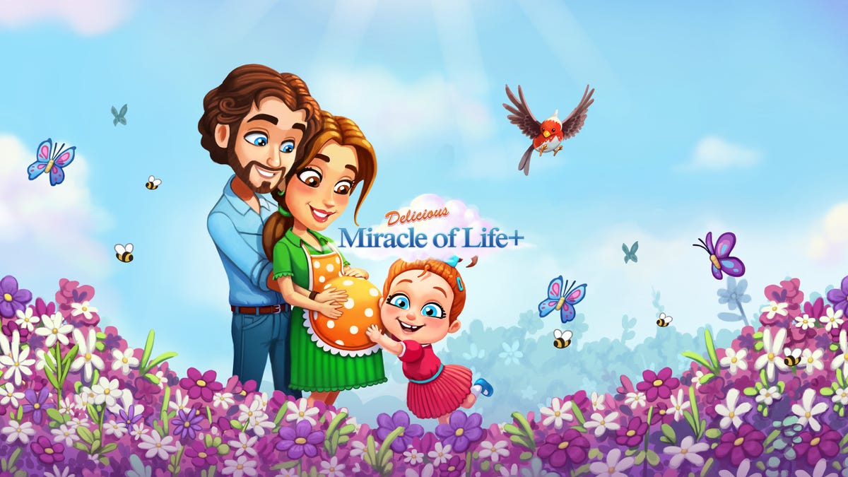 The title card for Delicious Miracle of Life Plus showing a father, pregnant mother and child in a field of flowers