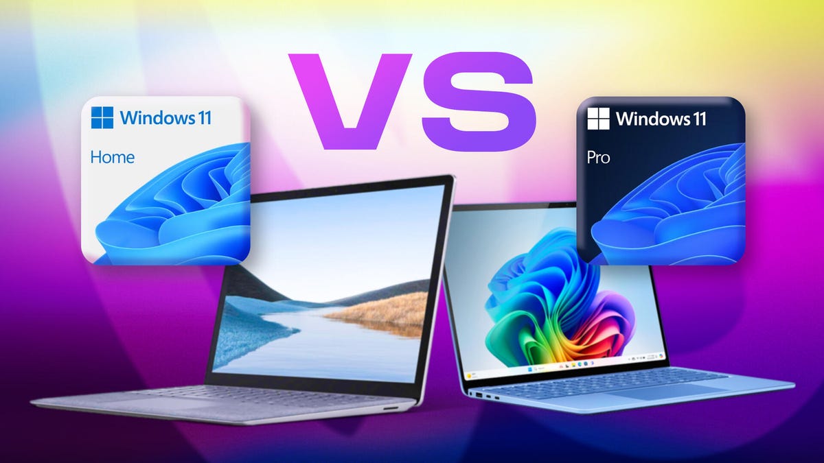 A laptop with Windows 11 home vs. a laptop with Windows 11 Pro on a purple background