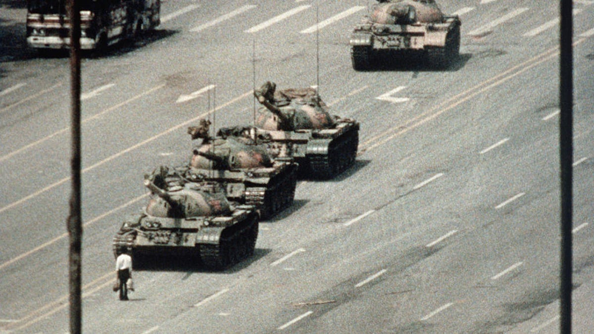 Protester Blocking Tanks Approaching Tiananmen Square