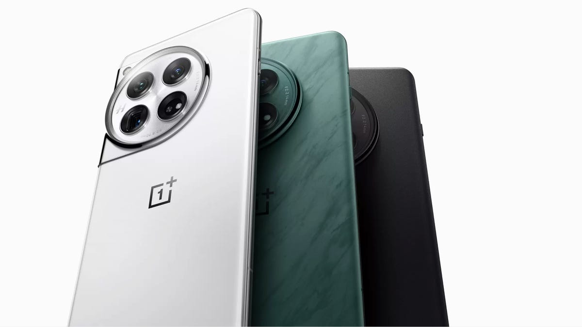 Three OnePlus 12 phones are featured, all with different colors: white, green and black.