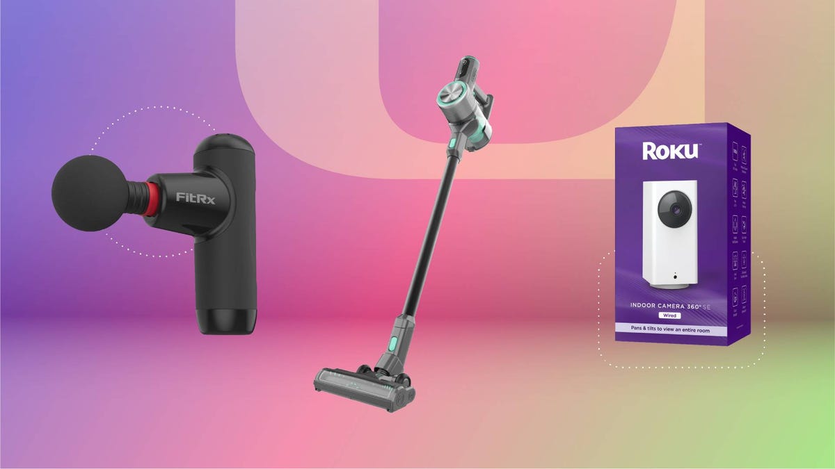 A massage gun, cordless vacuum and indoor security camera against a pink/green gradient CNET background.