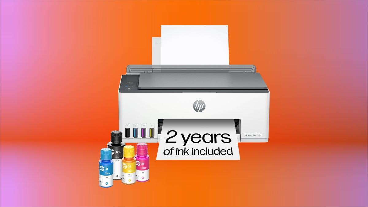 HP Smart Tank 5101 on orange gradient background