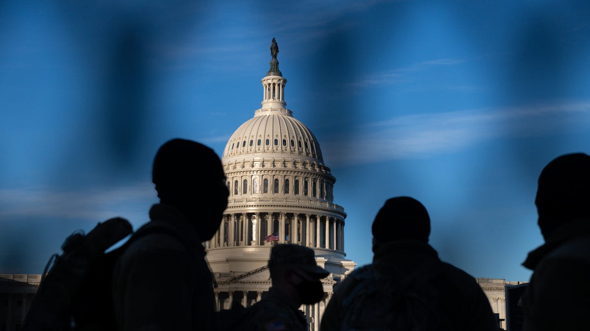 Members of the National Guard stand watch near the US Capitol the weekend after a mob of Trump supporters stormed the building.