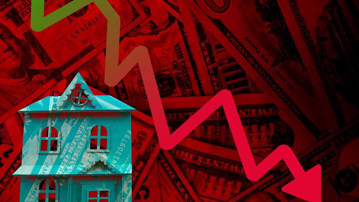 graphic of house with $100 dollar bills and arrow going down