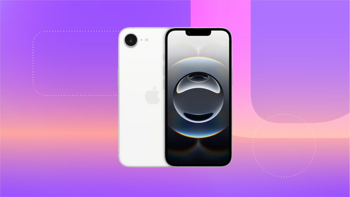 iPhone 16E in white against purple and pink/orange CNET background