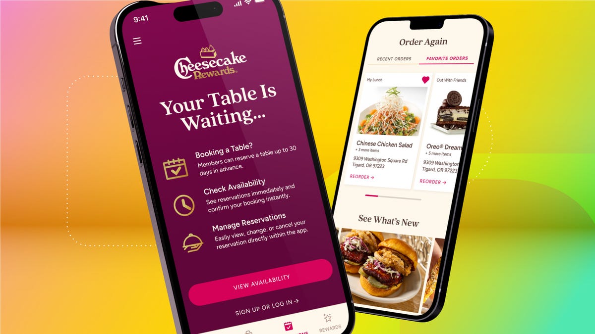 The Cheesecake Factory app is shown on two phone screens against a gradient CNET background.