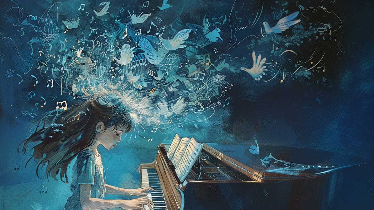 girl sitting at piano, thoughts and music notes floating out of her head