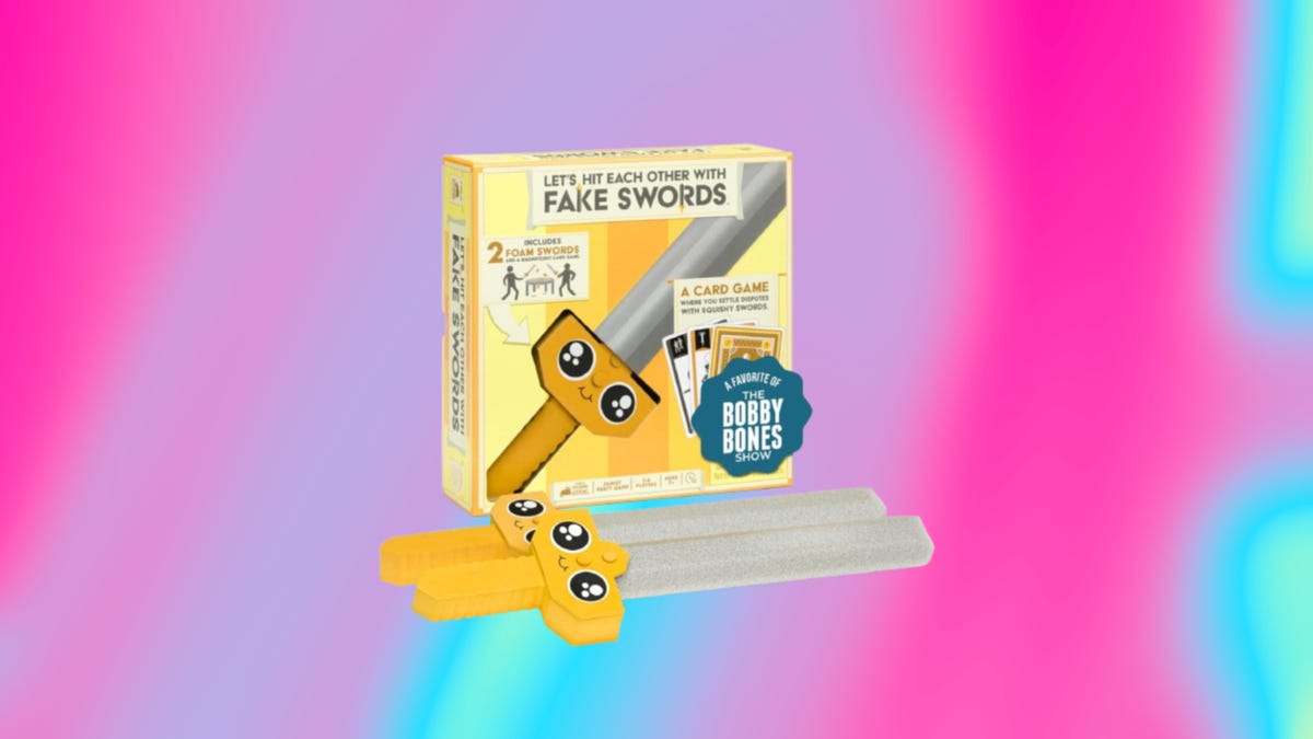 Board game called Lets Hit Each Other With Fake Swords displayed against a swirling hot pink and sky blue background