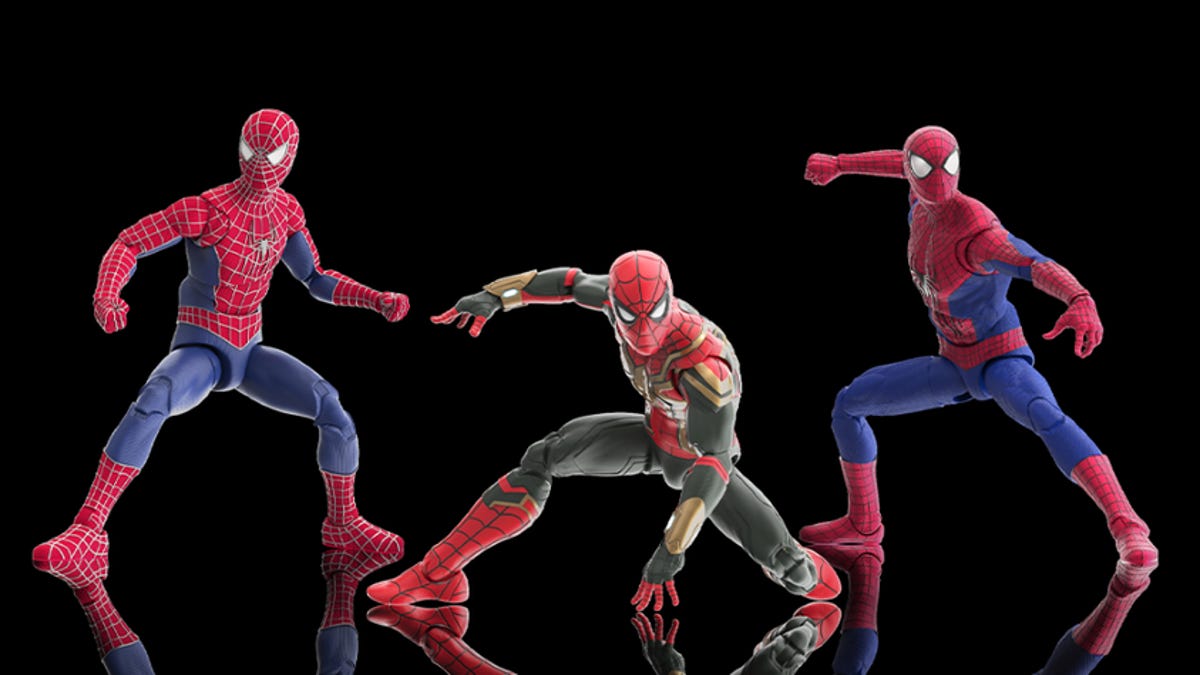 Tobey Maguire Spider-Man, Tom Holland Spider-Man and Andrew Garfield Spider-Man action figures from the Marvel Legends Spider-Man: No Way Home multipack