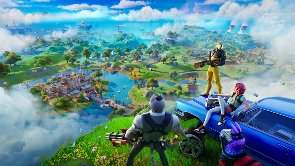 a screenshot from the video game Fortnite. three characters sit or stand on top of a mountain around a purple lowrider car while staring down at the land below