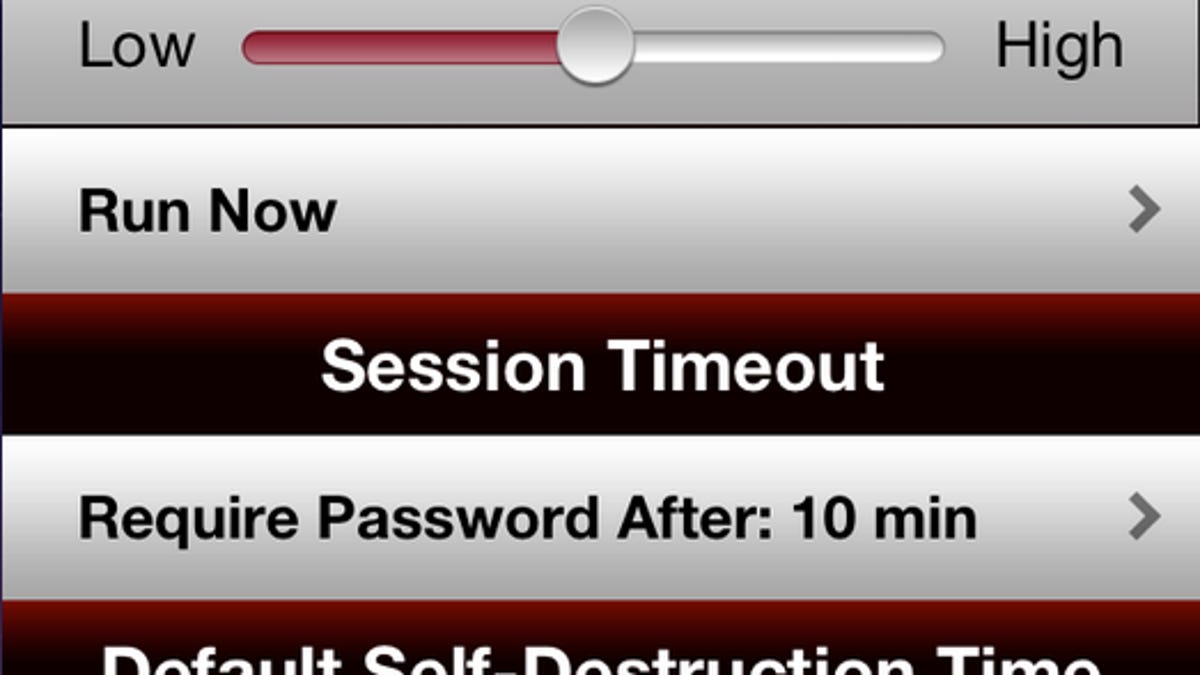 Wickr allows you to set the antiforensics mode to low or high and specify how soon you want messages you send to self-destruct.