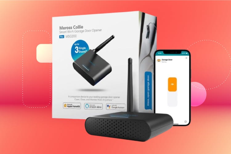 The Meross smart garage kit and app against a reddish CNET background.