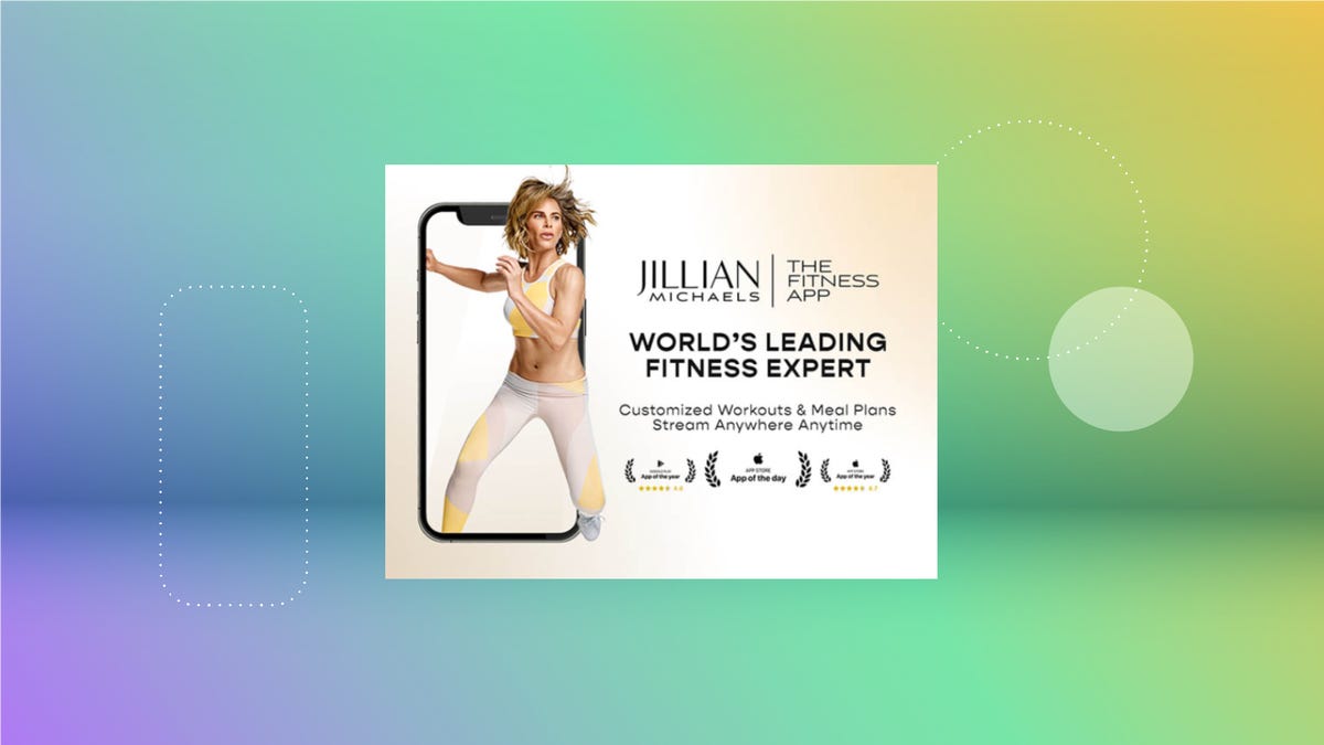 The logo for Jillian Michaels: The Fitness App is displayed against a red background.