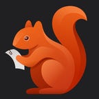 illustration of a red squirrel holding a paper against a black background
