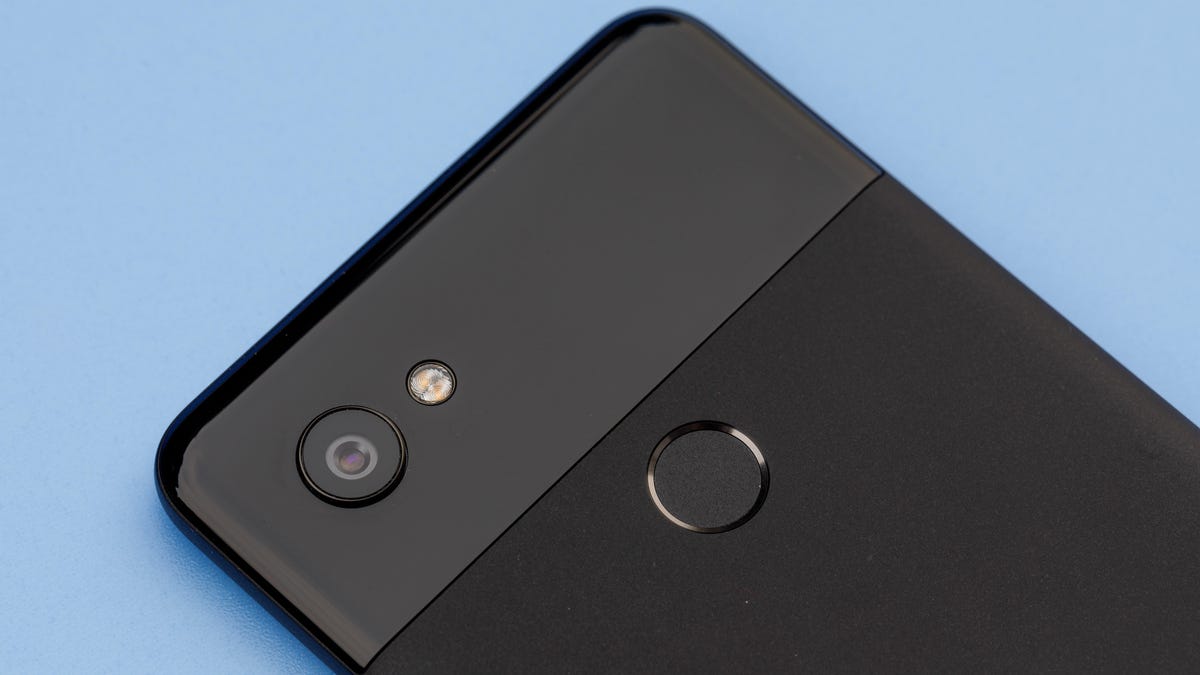 Google's Pixel 2 XL has a single camera, unlike rival flagship phones from Apple and Samsung. The second circle is a fingerprint reader.