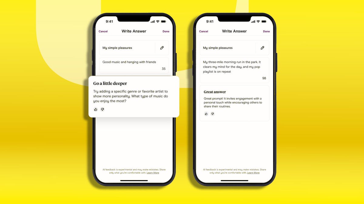 two phones showing how Hinge's AI can suggest improvements to your prompts