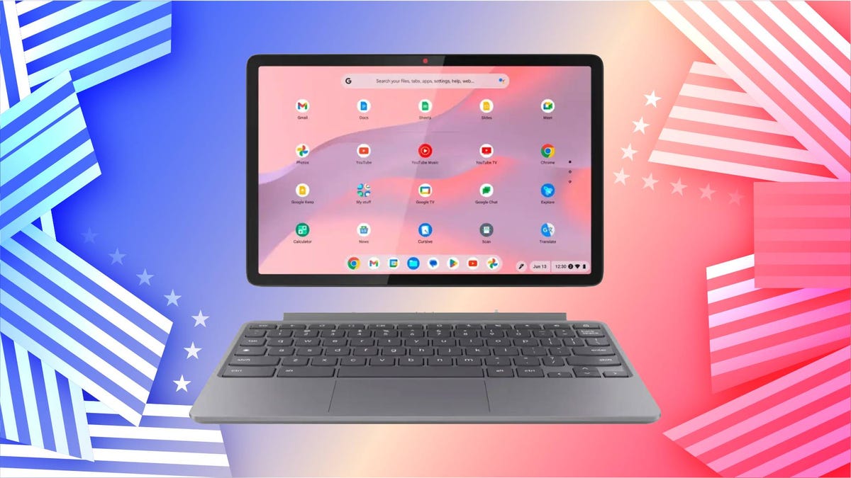 A tablet and keyboard against a red, yellow and blue background with a stars and stripes border.
