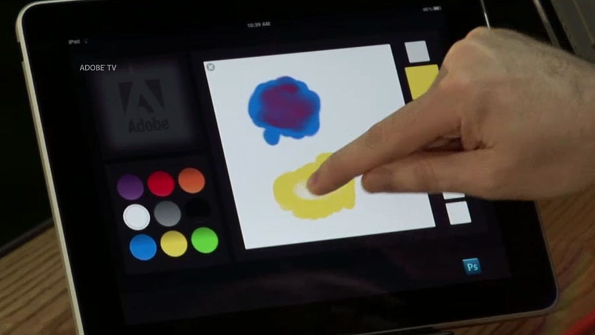 Adobe CTO Kevin Lynch demonstrates an iPad-based color palette app used to mix, select, and paint colors. It's attached to a separate computer running Photoshop.