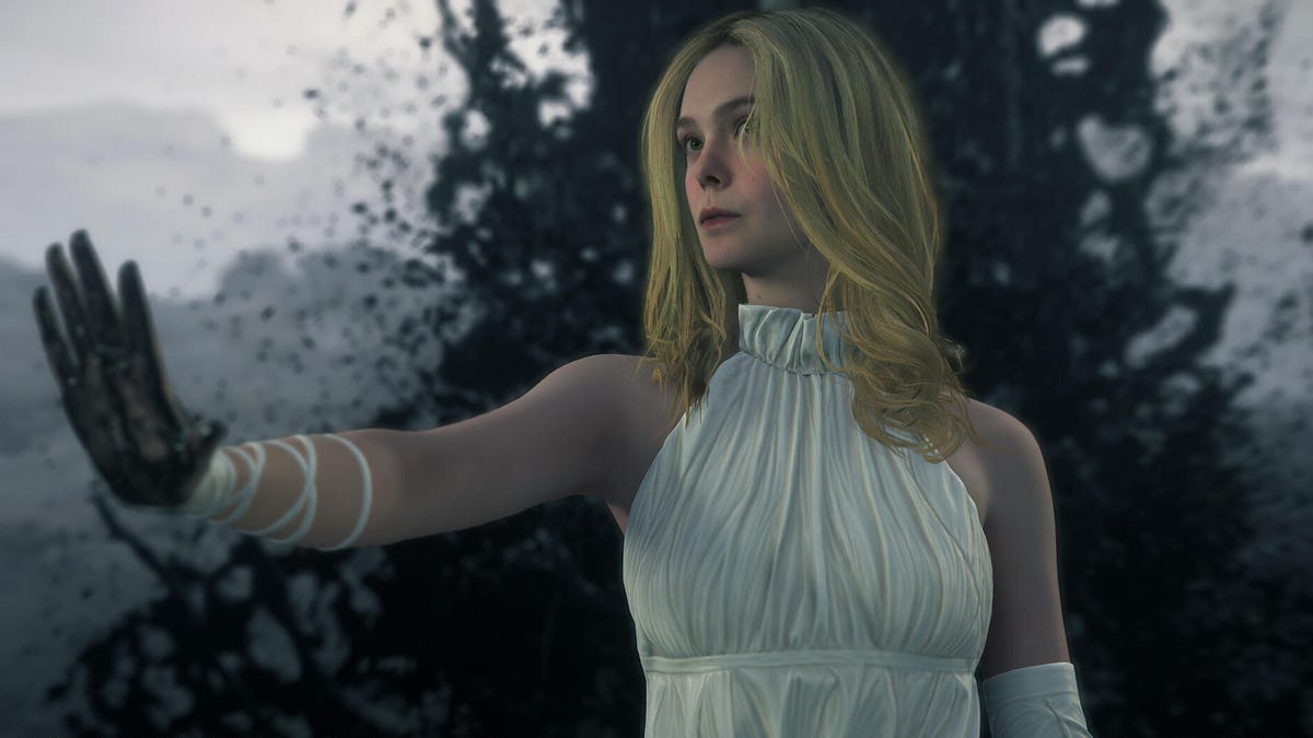 screenshot from Death Stranding 2, a blonde woman in a white dress holds out her hand