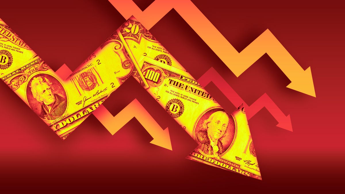 Arrows with money texture pointing down on a red gradient background