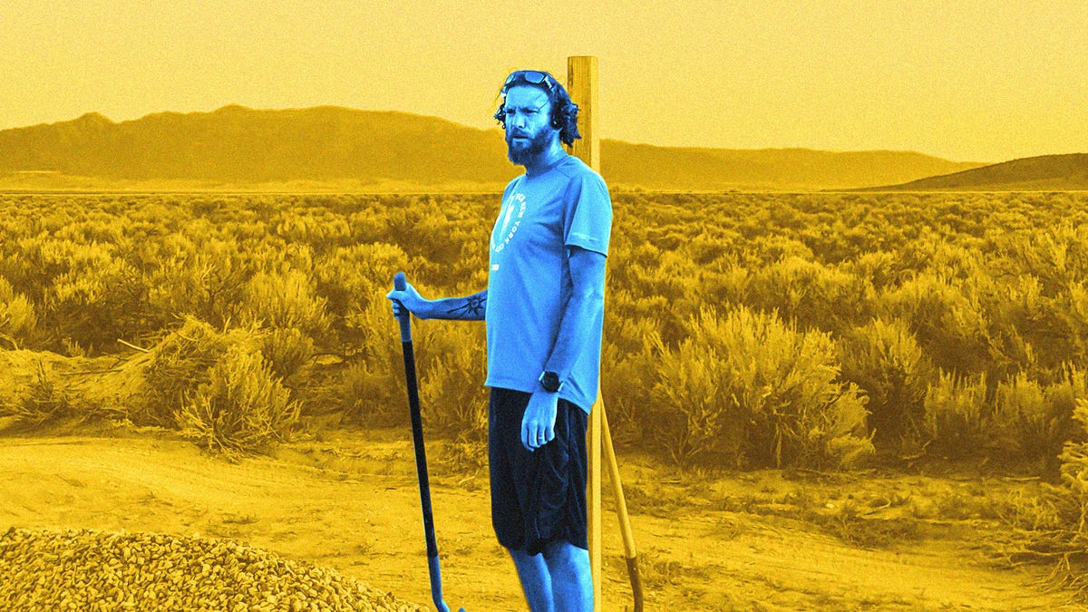 Eric Mack outside at his off-grid homestead in the high desert