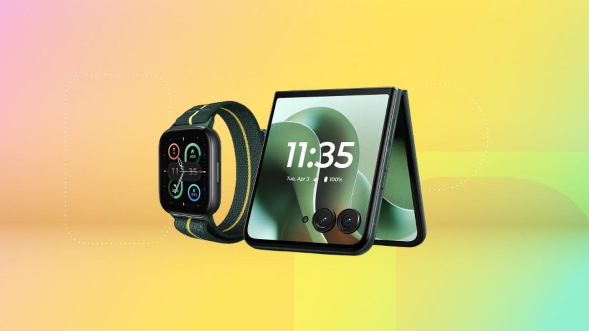 Motorola Razr Ultra and Moto Watch Fit on yellow background
