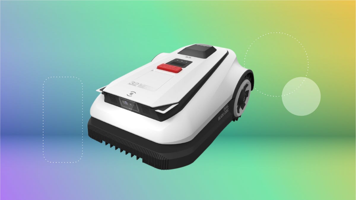 White robot lawn mower with black accents. Gradient: purple, blue, green and yellow.