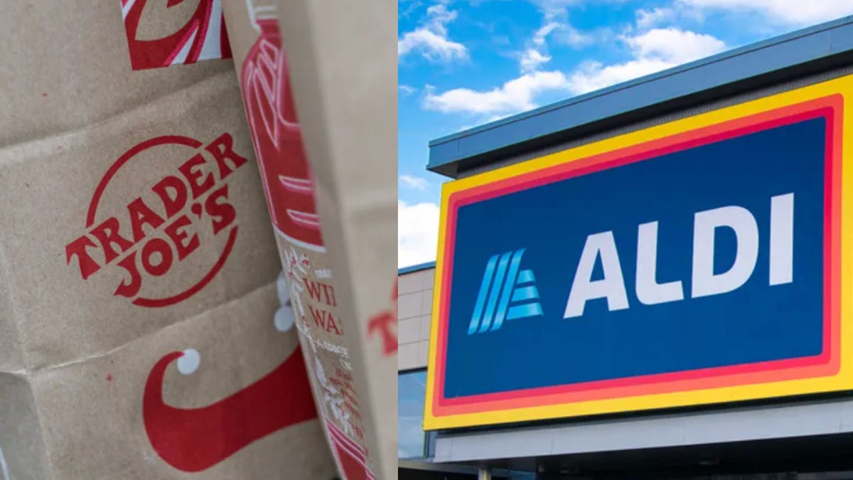 split screen of trader joes bag and aldi sign
