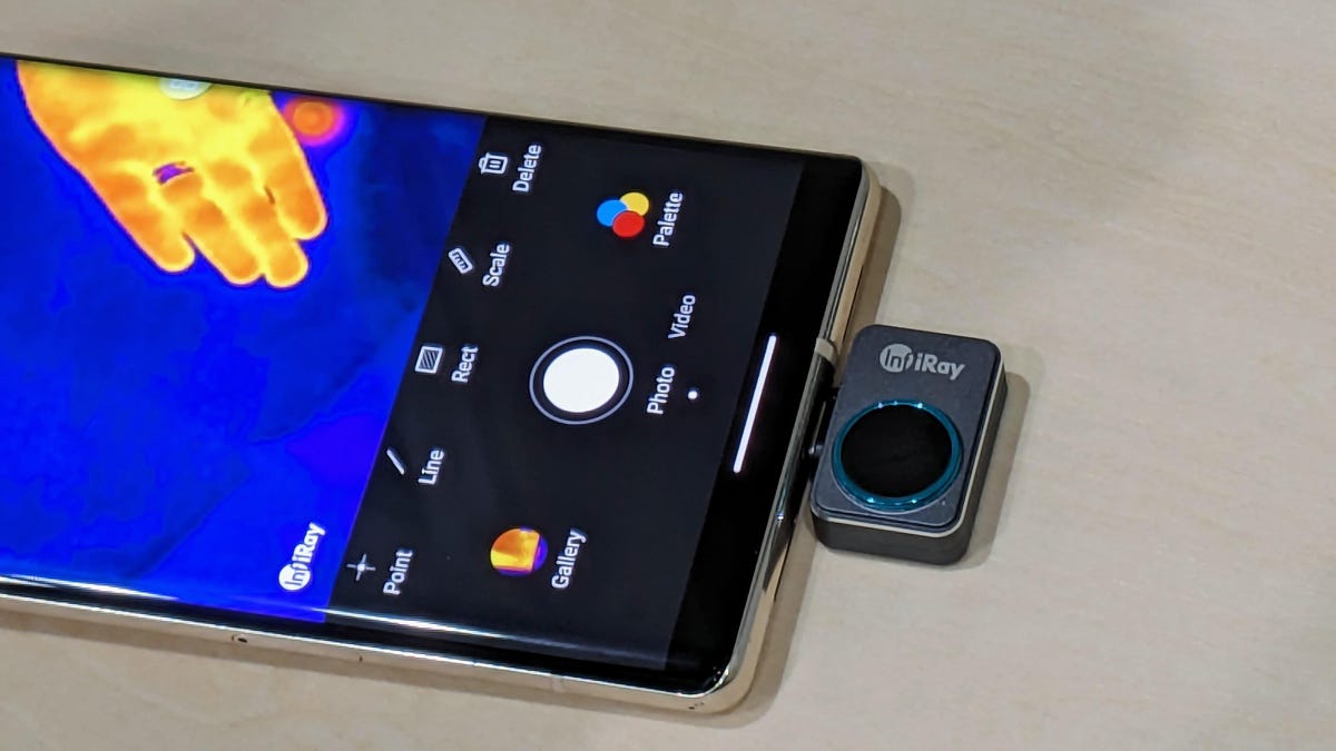 A thermal camera plugged into a Pixel 6 Pro