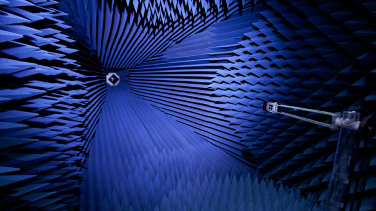 An iPhone 4 is being tested in this image at one of Apple's anechoic chambers.