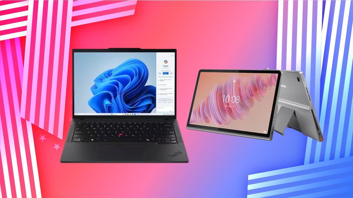 Lenovo ThinkPad 14 and Lenovo Tab Plus on red, white and blue background