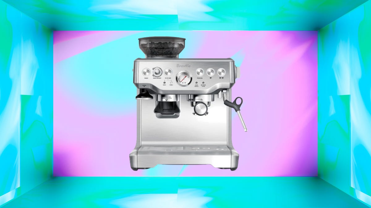 Breville Barista Express Espresso Machine on blue background