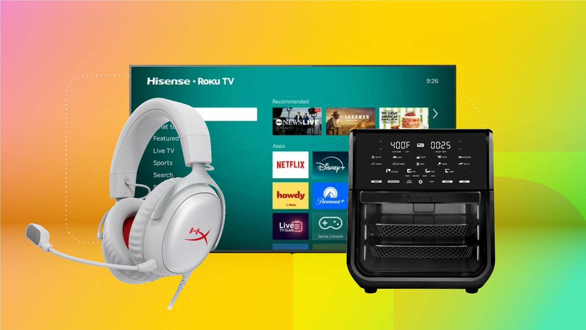 A gaming headset, TV and air fryer against a yellow gradient CNET background.