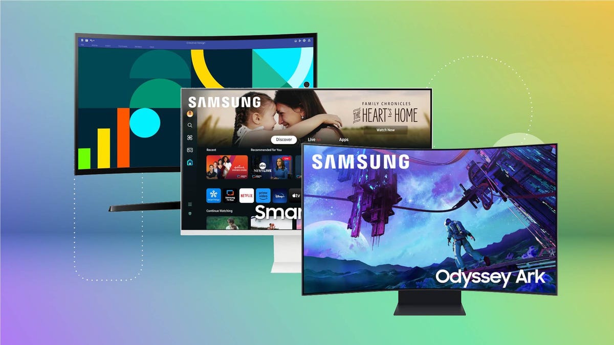 Three Samsung monitors against a green gradient CNET background.