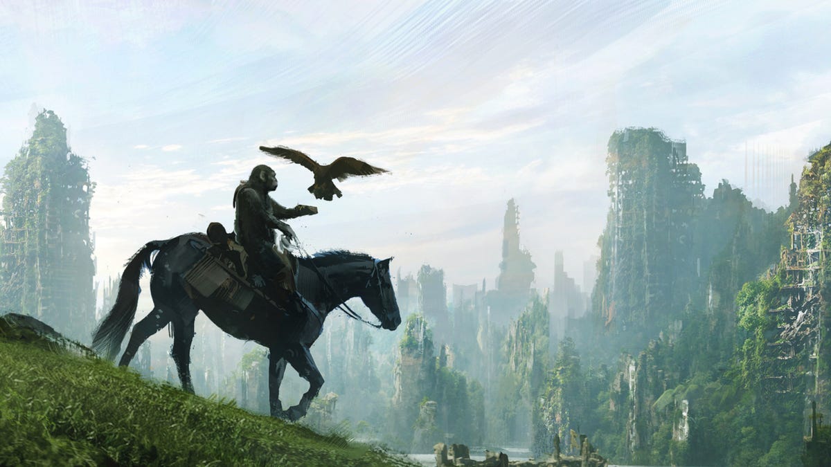 An ape on horseback with a large bird about to land on its hand, with rugged terrain in the background