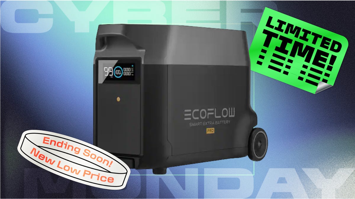 Ecoflow's Delta Pro portable power station displayed against a fuchsia pink background with green accents