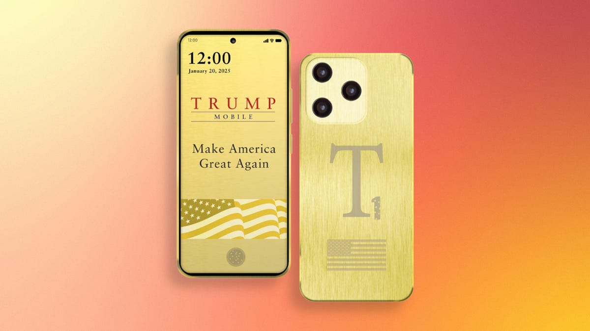 Front and back of mobile phones showing Trump Mobile and T1 logos