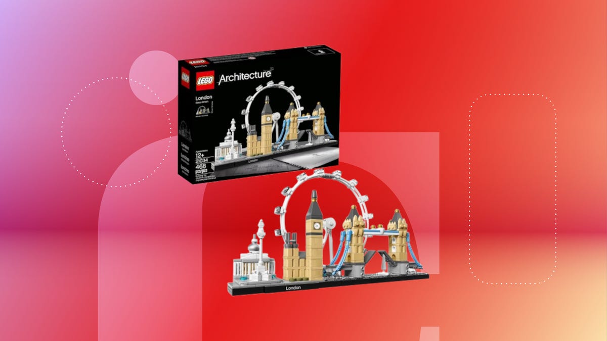 Shows the Lego Architecture London Skyline set on a red background.