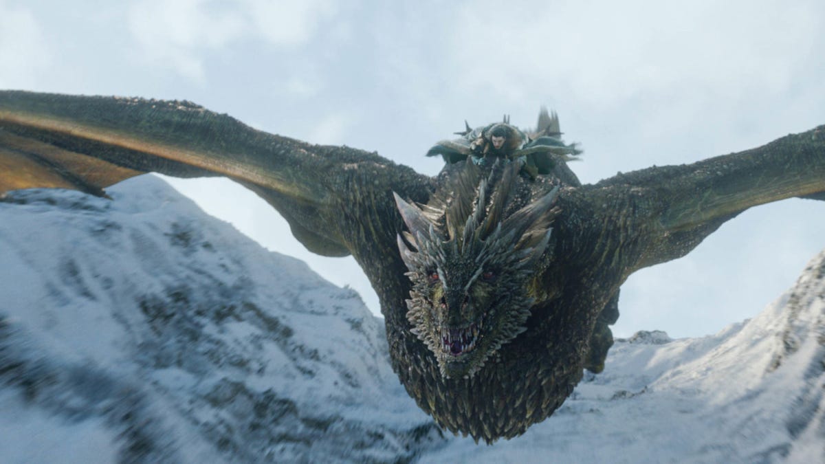 Jon Snow rides a flying dragon in Game of Thrones