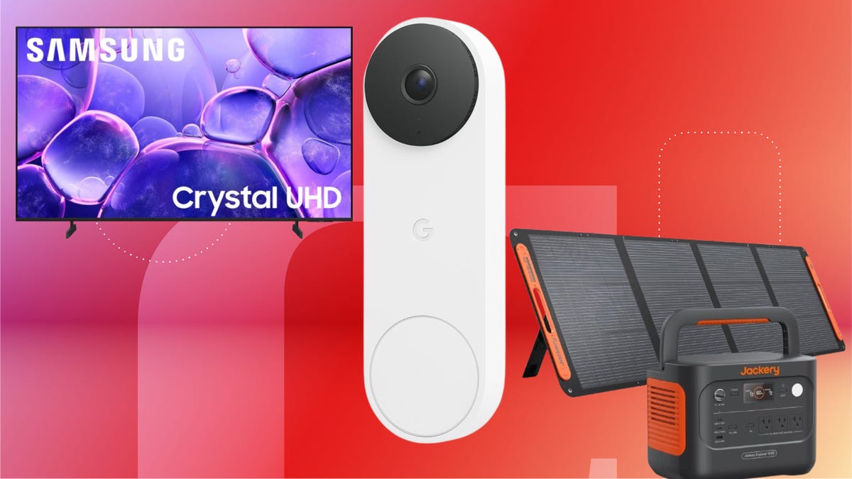 From left, Samsung 55-inch U8000F UHD TV, Google Nest Doorbell and the Jackery Solar Generator 1000 V2 with solar panel.