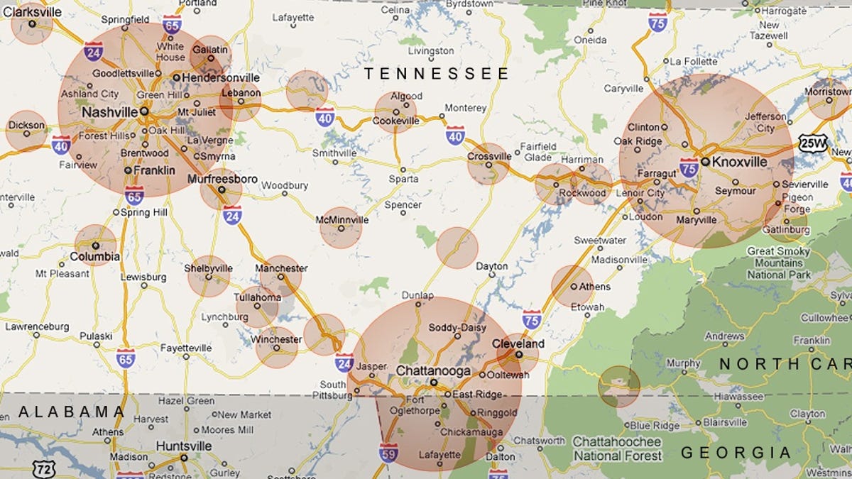 The circles show where EV charging stations will be installed. A total of about 2,500 home and public charging spots will be installed by 2011.